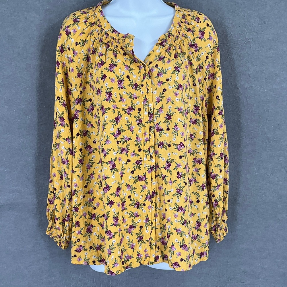 DEMOCRACY Yellow Floral Peasant Blouse Long Sleeve Sz 1X Cottagecore Flowy‎